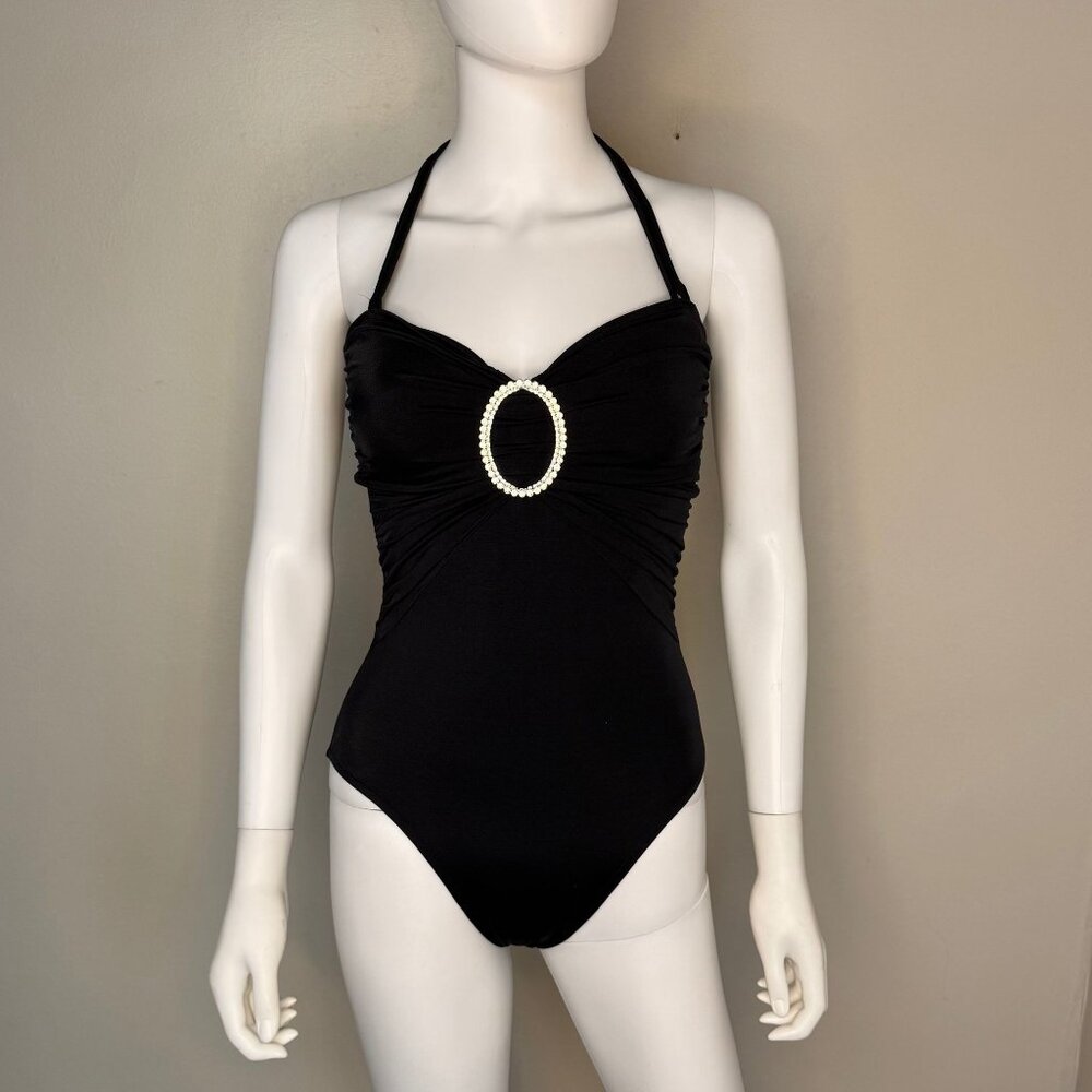 Vintage 1980s Black Swimsuit, Large Rhinestone Buckle, Bill Blass Beachwear XS/S